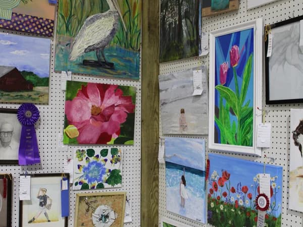 Artwork entries with blue and purple ribbons displayed at the West Tennessee State Fair